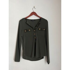 White House Black Market Olive Green Long Sleeve Button Detail‎ Top